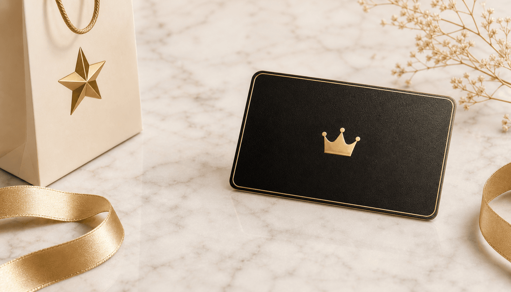 Black and gold card on marble